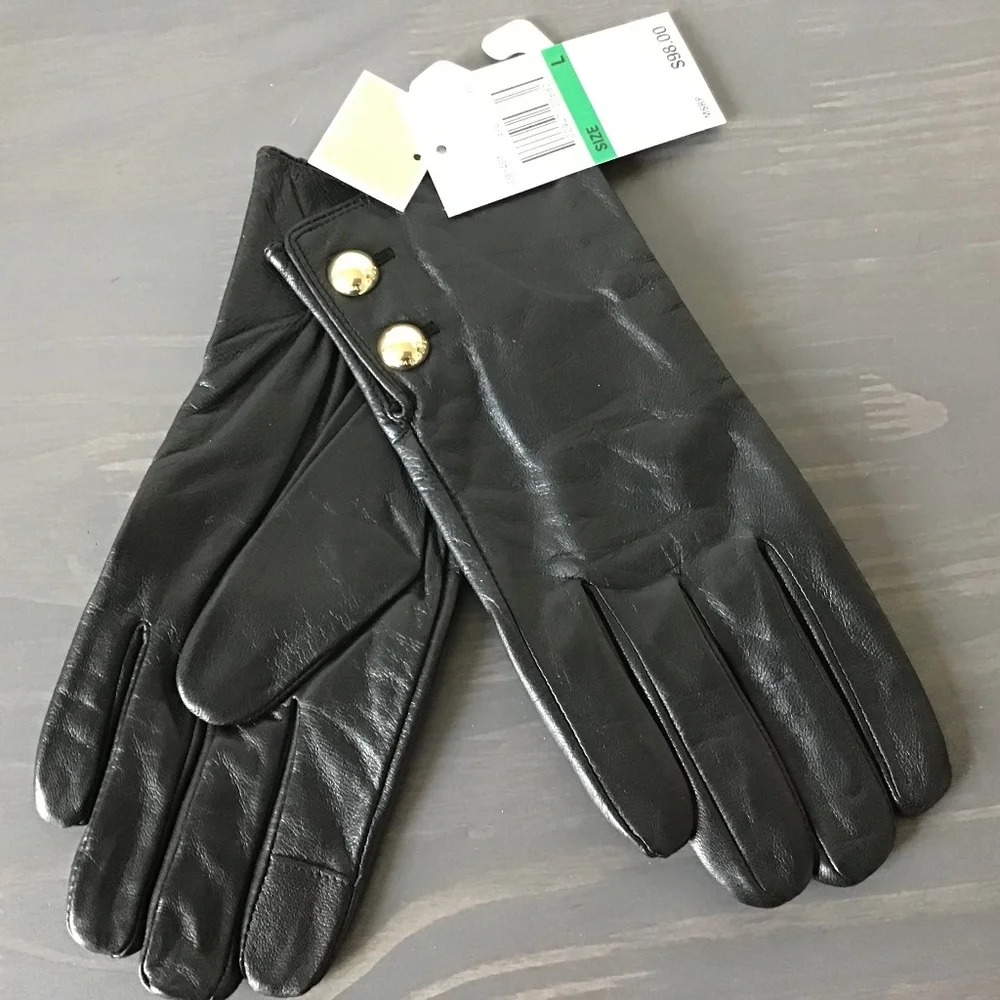 Michael Kors Women's Leather Logo Button Gloves, size L